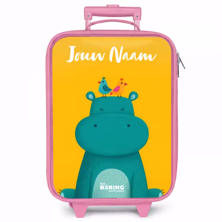 Kinderkoffer met naam - Roze - Nijlpaard - Vogels - Geel — 1