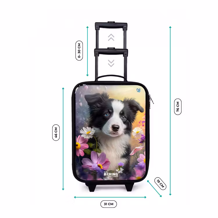 Kinderkoffer - zwart witte puppy tussen kleurrijke bloemen — 4