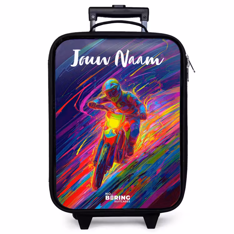 Kinderkoffer met naam - Zwart - Crossmotor - Neonkleuren - Lijnen - Helm — 1