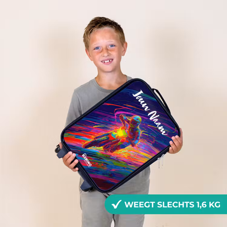 Kinderkoffer met naam - Zwart - Crossmotor - Neonkleuren - Lijnen - Helm — 2