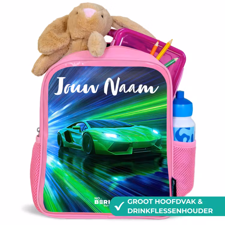 Kinderrugzak met naam - Roze - Sportauto - Groen - Snelheidslijnen - Neon — 2