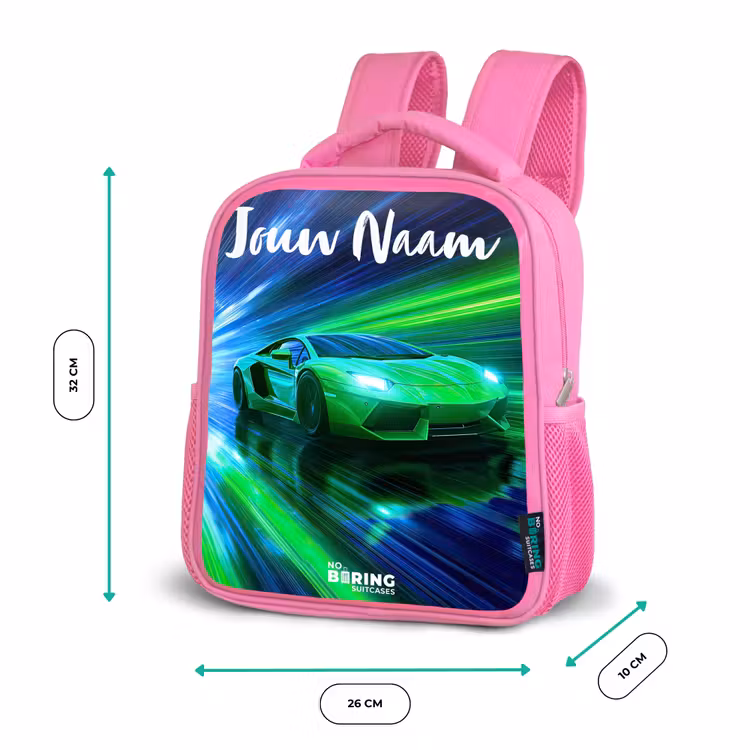 Kinderrugzak met naam - Roze - Sportauto - Groen - Snelheidslijnen - Neon — 3