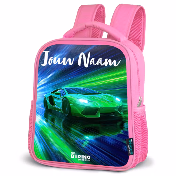 Kinderrugzak met naam - Roze - Sportauto - Groen - Snelheidslijnen - Neon — 6