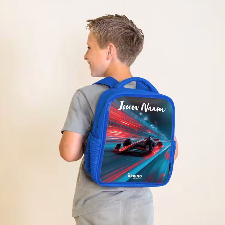 Kinderrugzak met naam - Blauw - Formule 1 - Raceauto - Rood - Neonverlichting — 3